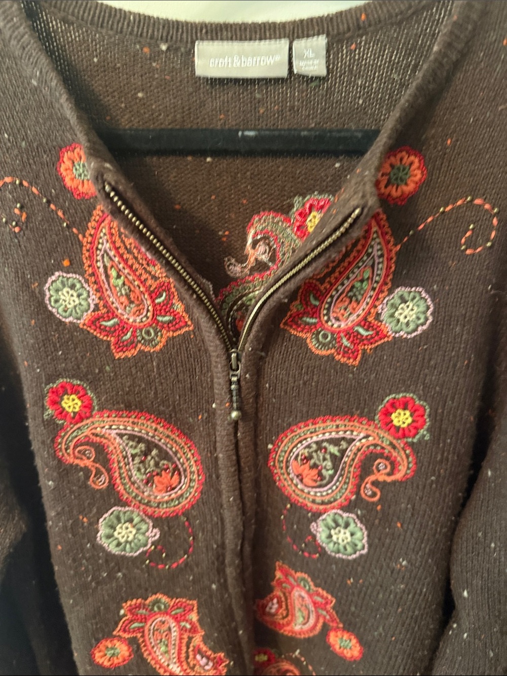 Vintage Croft & Barrow Brown Zip Cardigan with Multicolor Paisley Embroidery - Picture 5 of 7